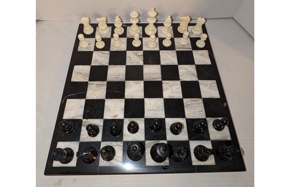 13” Marble & Onyx Chess Set Vintage Solid Stone Black & White